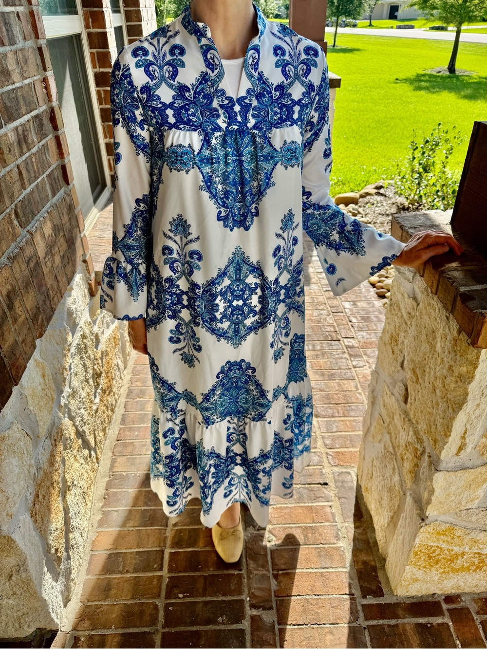 Blue & White Print Long Sleeve Maxi Dress - Classic Floral Tile Pattern